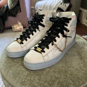 PF448 rare Bombette White and Blue High-Top Sneakers designer leather